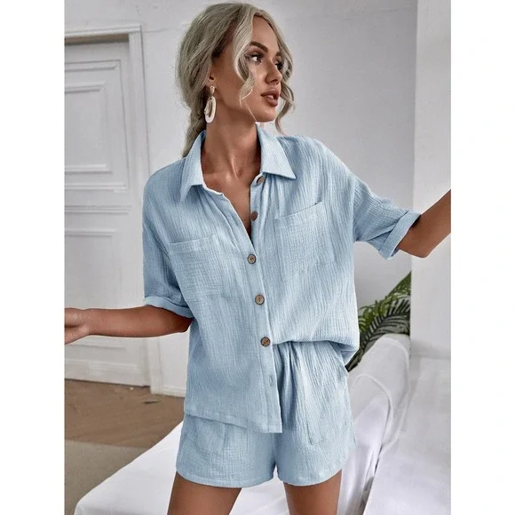 2 piece set: Breast Pocket Button Down Shirt & high waist Shorts coords tan - Picture 11 of 14